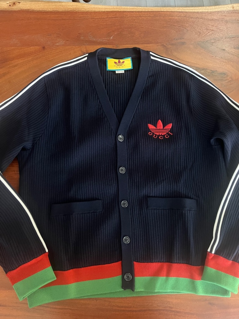 Gucci x Adidas Navy Cardigan with Red & Green Hem and White Shoulder Stripes